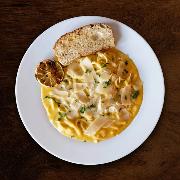 Creamy pasta dish with shaved parmesan, parsley, a grilled lemon, and a slice of bread.