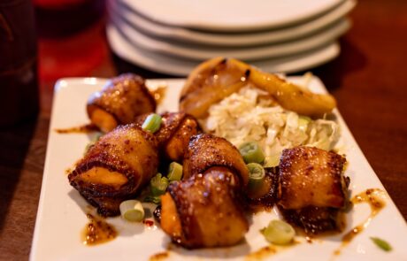 Bacon Wrapped Salmon bites with Dijon Honey Glaze