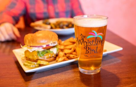 Burger and a neer at the Whistling Bird